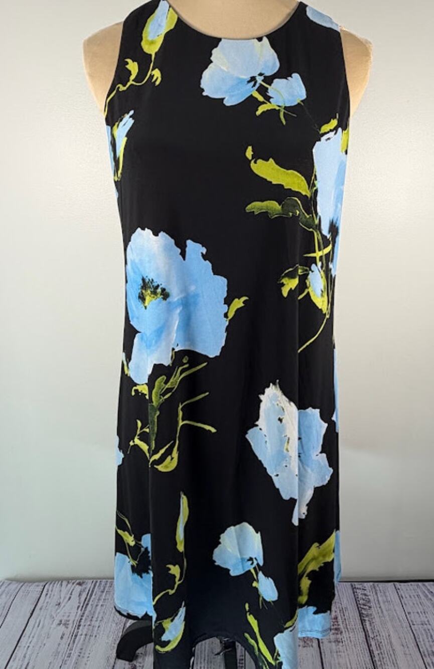 Anne Klein Womens Sleeveless Swing Dress Size 10 Black Blue Floral Stretch Knit